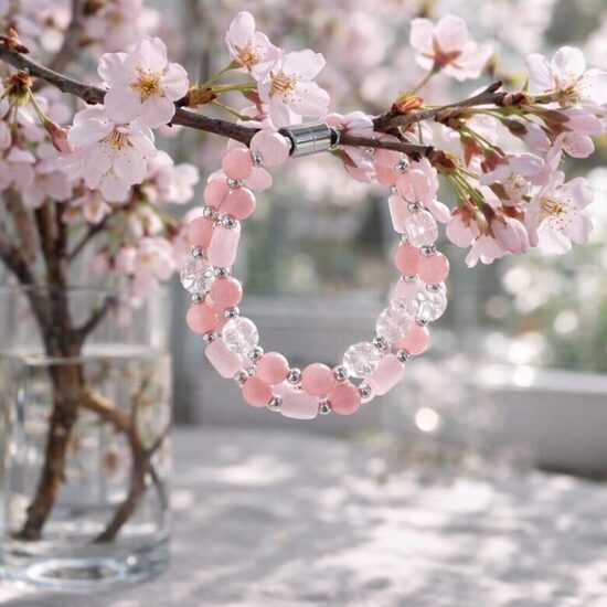 Rozā kvarca un kalnu kristālu rokassprādze "Sakuras Dārzs"